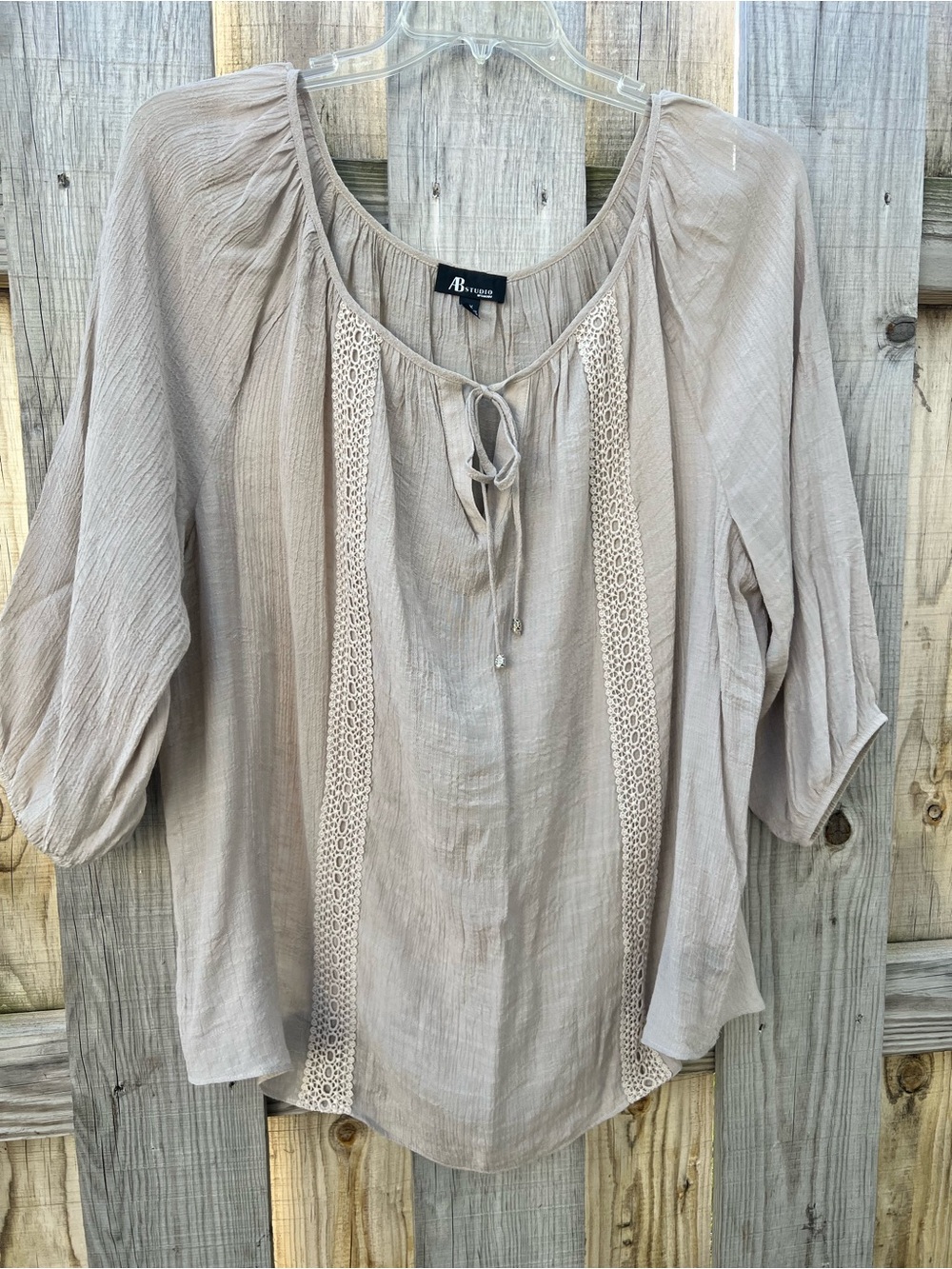 AB Studio Taupe Crochet-Trim Peasant Blouse